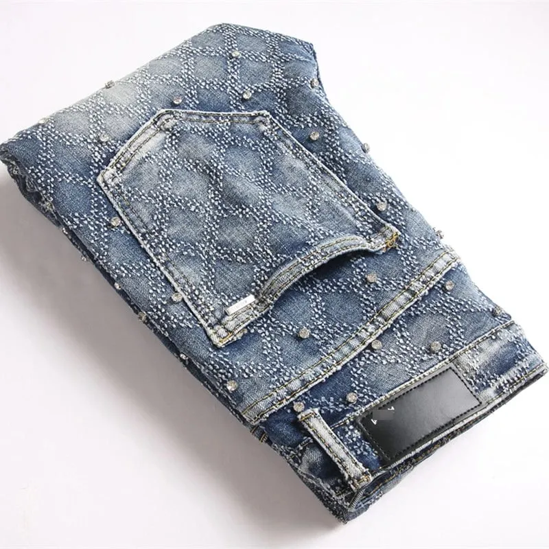 Men's Y2K Hip-hop Jeans American Retro Washed Blue Denim Pants Diamond Pattern Rivets Streetwear Slim Fit Party Male Trousers