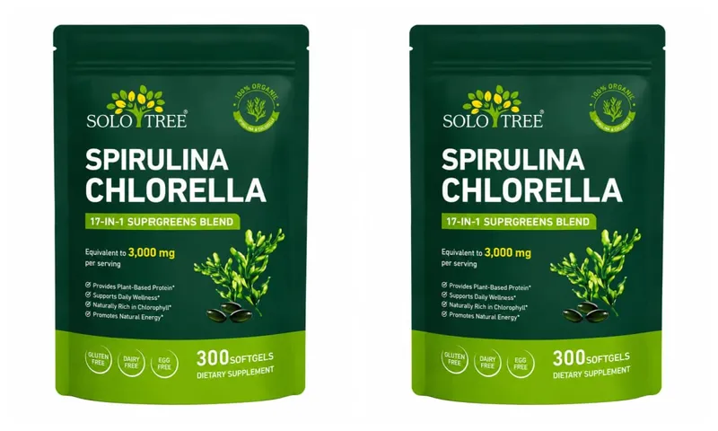 Solo Tree Spirulina Chlorella Softgels with Organic Microalgae Vitamin B6 B12 Digestive Balance & Immune Support 300 Softgels
