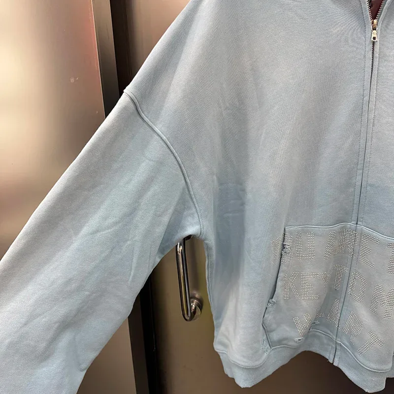 Light Blue PALY Letter Crystal Hoodie Ripped Washed Fashion Patch High Street Casual Men Women 1:1 Zipper Sweatshirts