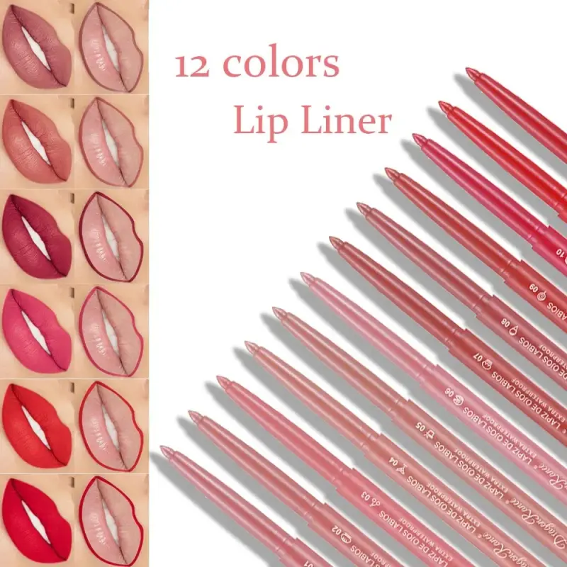 Vandtæt mat lipliner blyant Sexet rød kontur læbefarvet læbestift Holdbar fugtgivende Non-stick kop Læber Makeup 12 farver