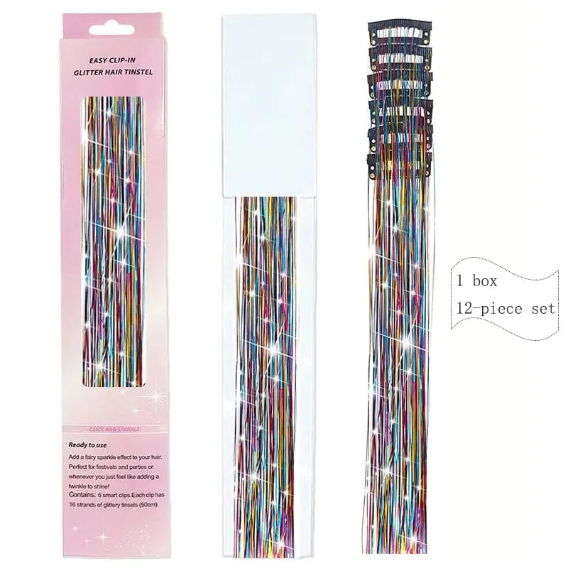20 Inch Synthetic Hair Extensions -12 Piece Set of Colorful Glitter Hair Accessories Suitable for Girls' Party Birthday Gifts