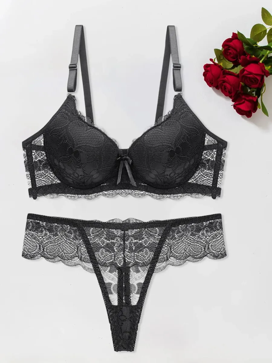 Women s Floral Lace Lingerie Set Sheer Mesh Seductive Babydoll Push up Bra and Panty 2 Pcs Set with Garter Belt
