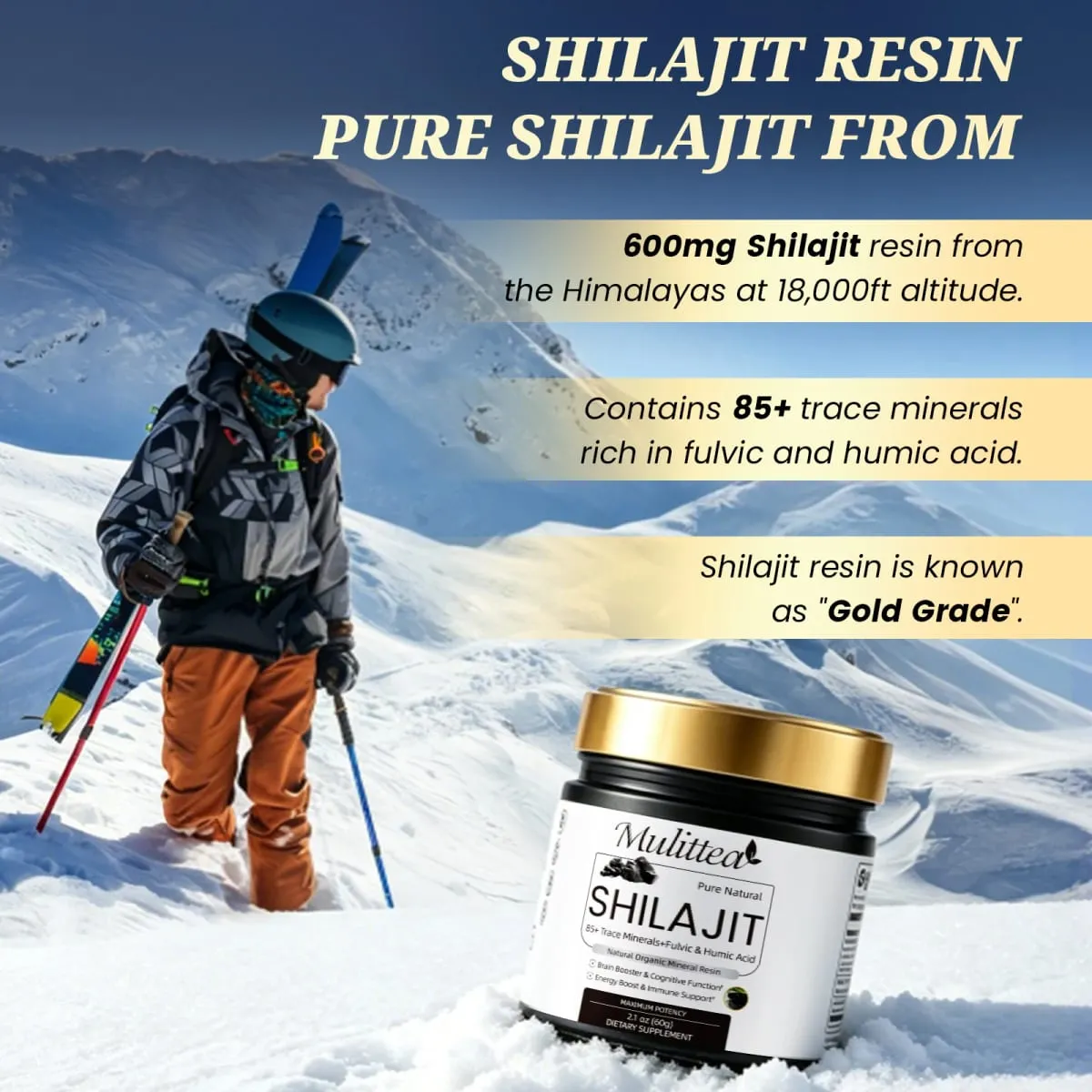 Mulittea High Purity Original Shilajit Mineral Supplement na may 85+ Trace Minerals at Fulvic Acid para sa Man Energy Stamina