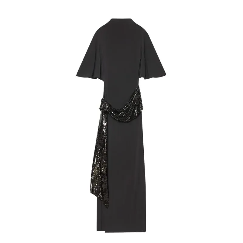 Women Backless Sequin Patchwork Maxi Dress Elegant Wide Sleeve Long Gowns Feminine New Fashion Evening Party Daily Robes