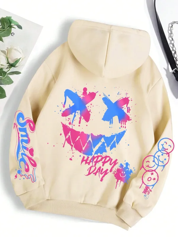 New Autumn Men's Personalized Smiling Face Print Comfortable Breathable Hooded Sweatshirt Outdoor Street Fashion Hooded Sweatshi