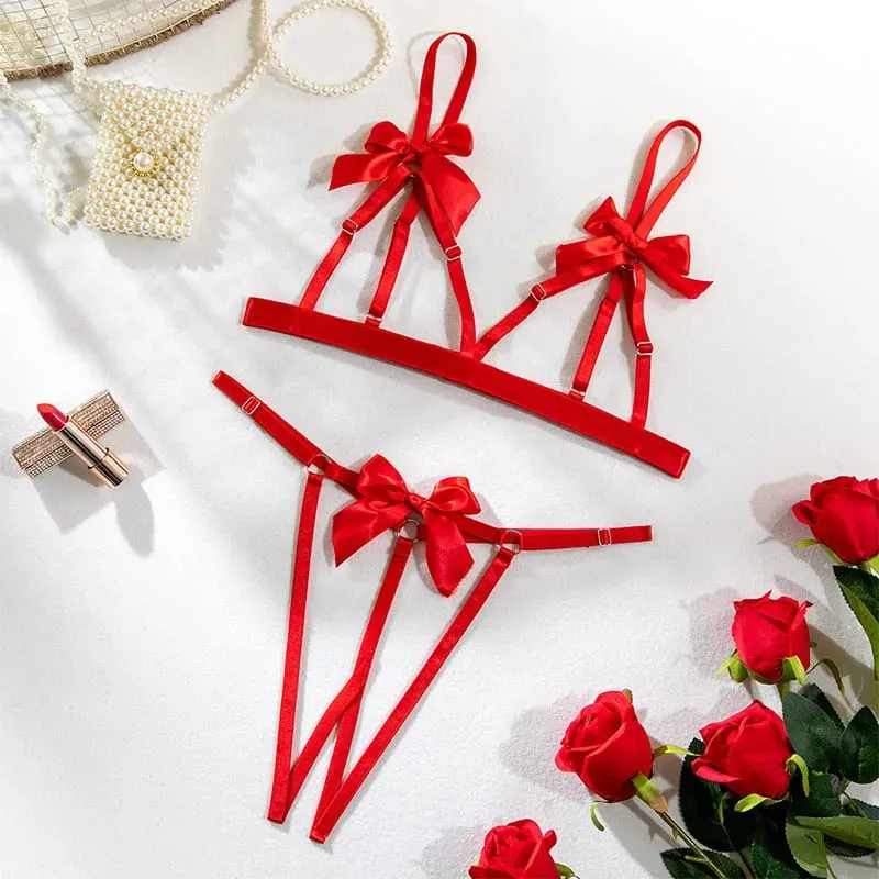 Exotic Bowknot Lingerie for Women Porn Lace Sheer Intimate Sexy Bandage Underwear Naked Patchwork Bra and Thong 2Piece Costume