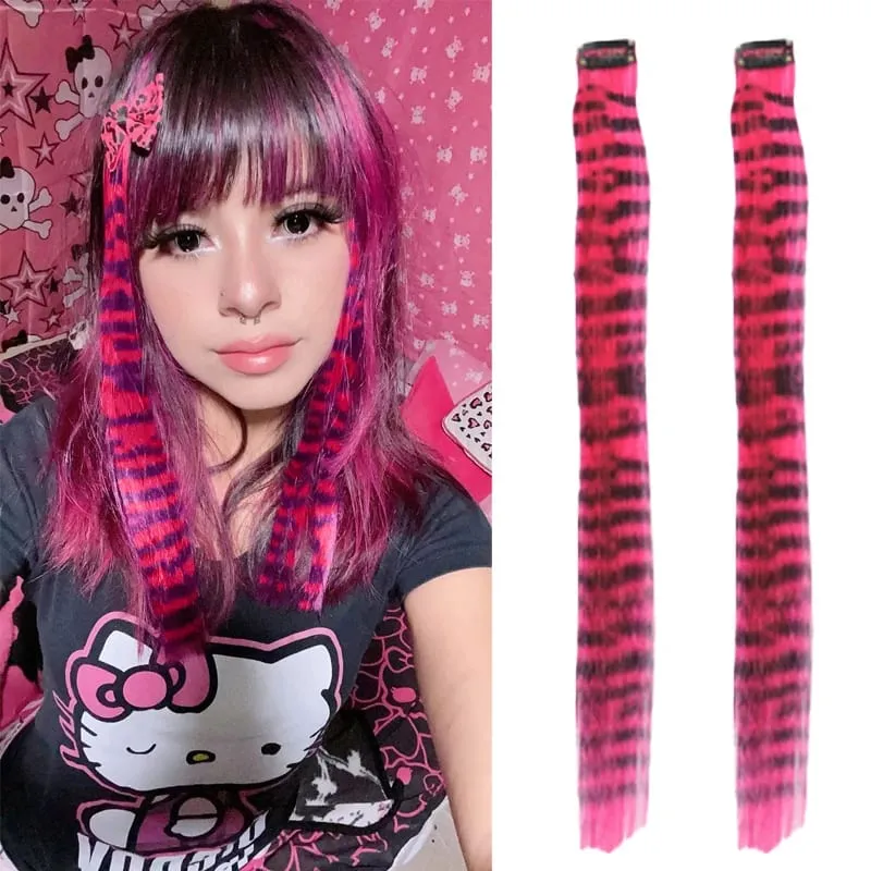 2PCS 18inch Hair Extensions Wig Hairpiece Colorful Leopard Print Hair Extensions Clip in for Women Halloween Party Daily Wear