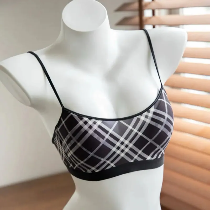 Women American Retro Plaid Intimates Set Thin Push Up Bra Anti Sagging Armpit Fat Support Comfort Everyday Wear