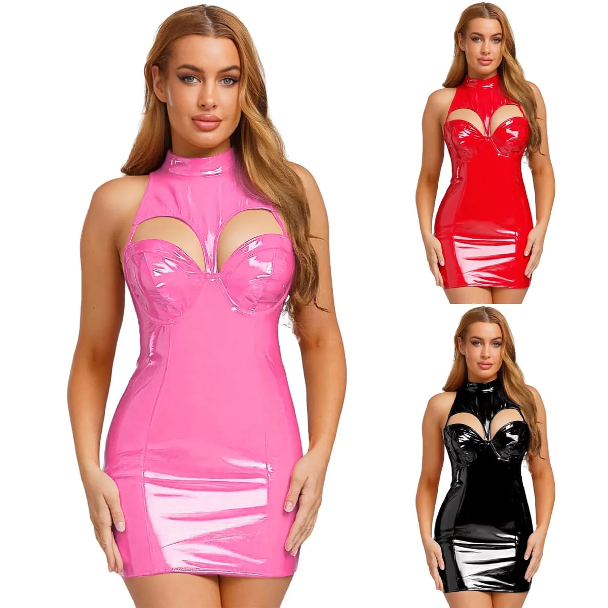Pakaian Mini Kulit PU Berpenampilan Basah Wanita Leher Olok-olok Tanpa Lengan Bra Tekan Tubi Bodycon Pakaian Kelab Pakaian Kelab untuk Pesta Raves