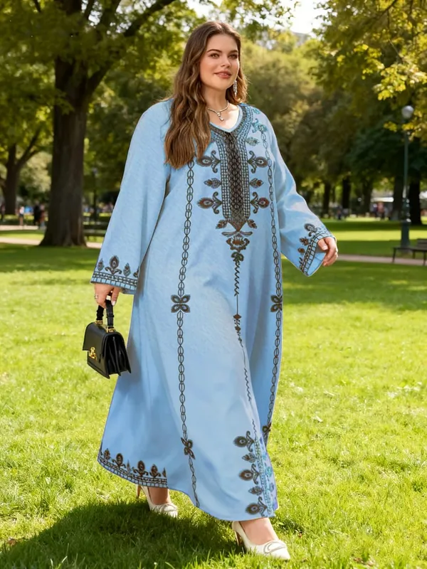 Middle Eastern Elegant Robe New Spring and Autumn Style Plus-Size Fashion Women's Clothing Ethnic Print Stylish Loose and Comfortable Holiday Style Long-Sleeve Dress