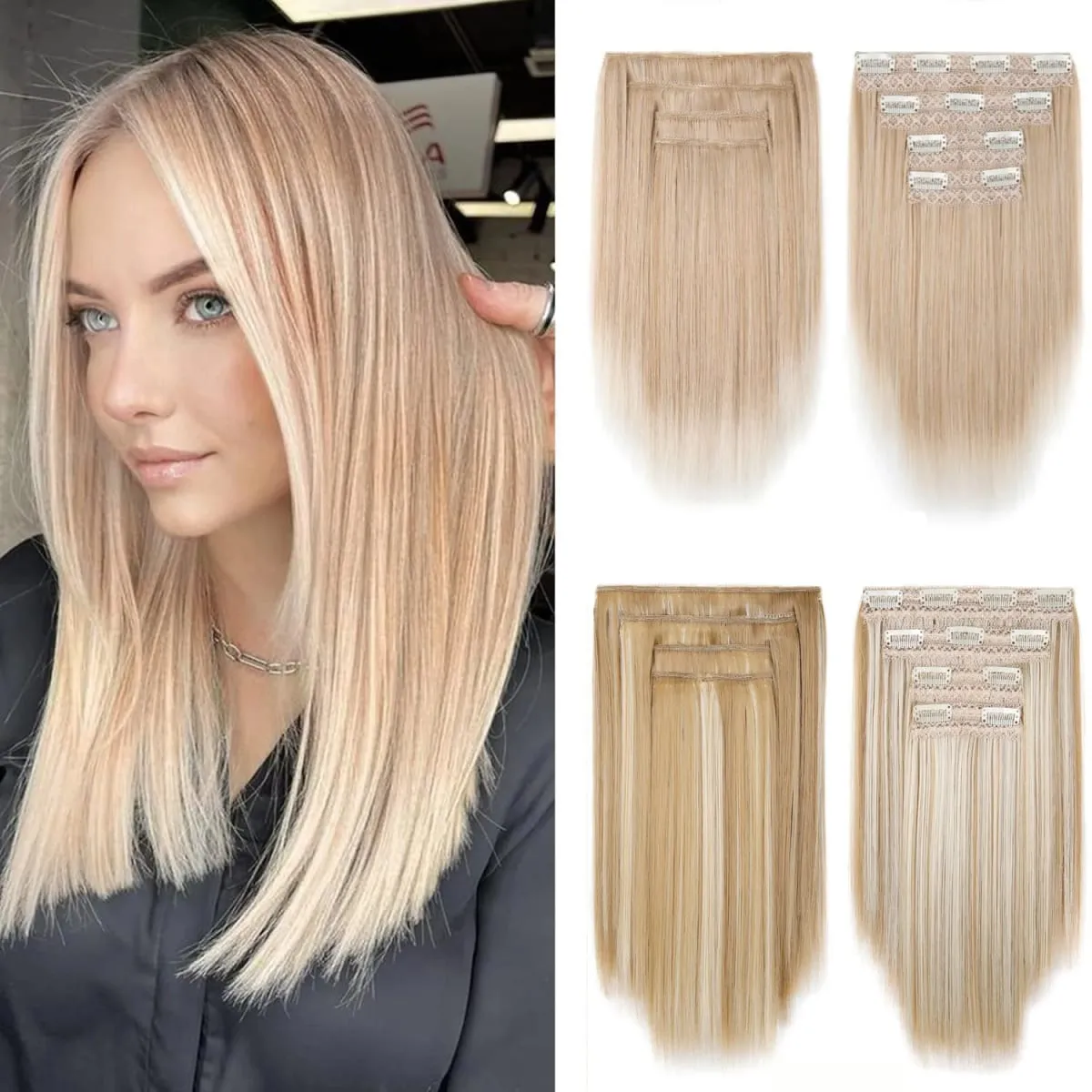 4PCS 14inch Short Clip in Hair Extensions Straight Clip Hair Extensions Invisible Lace Weft Soft Synthetic Hairpieces for Women