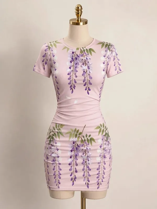 Womens Short Sleeve Bodycon Mini Dress Slim Fit Crew Neck Floral Print Casual Summer Party Cute Elegant Brunch Vacation Sundress