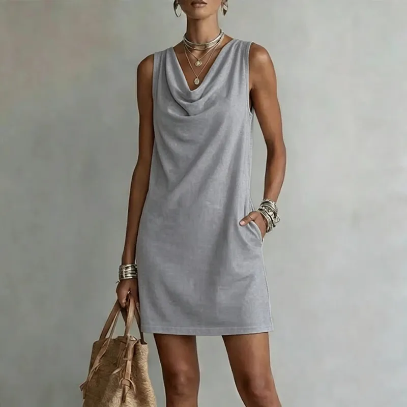 Women Casual Loose V-Neck Sleeveless Pocket Ruffles Dress Spring Summer Vest Tank Midi Dresses