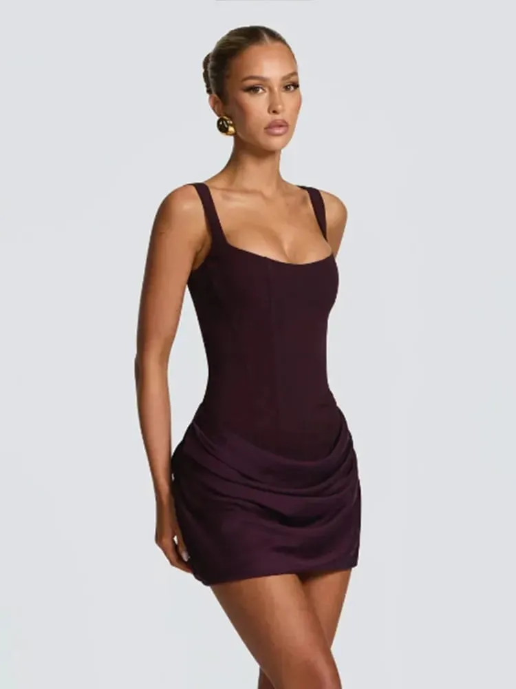 Sexy Square-neck Halter Mini Dress Women 2025 Pleated Sleeveless Backless High Waist Bodycon Dresses New Summer Lady Party Robes