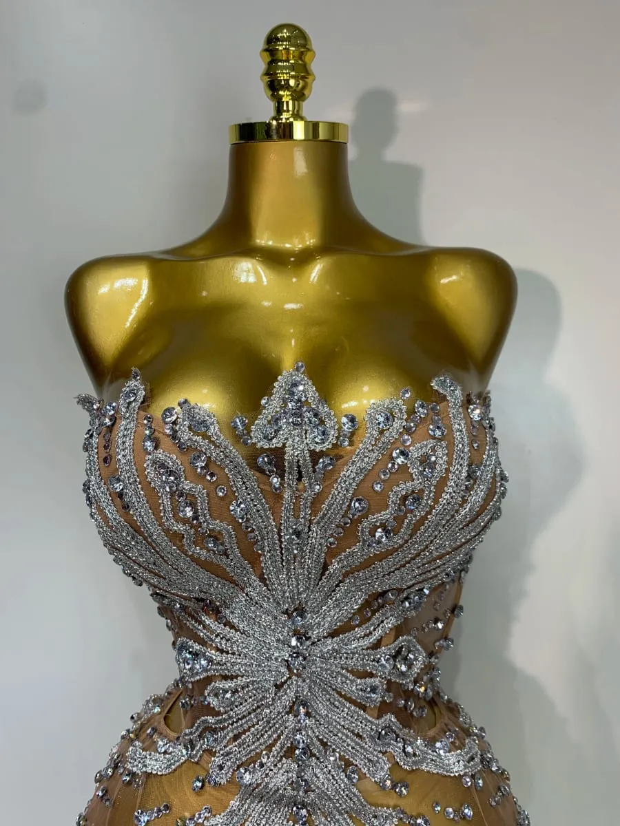 Women Sexy Strapless Rhinestones Mini Dress Performance Costume See Through Stage Dancer Club Evening Party Birthday Dress