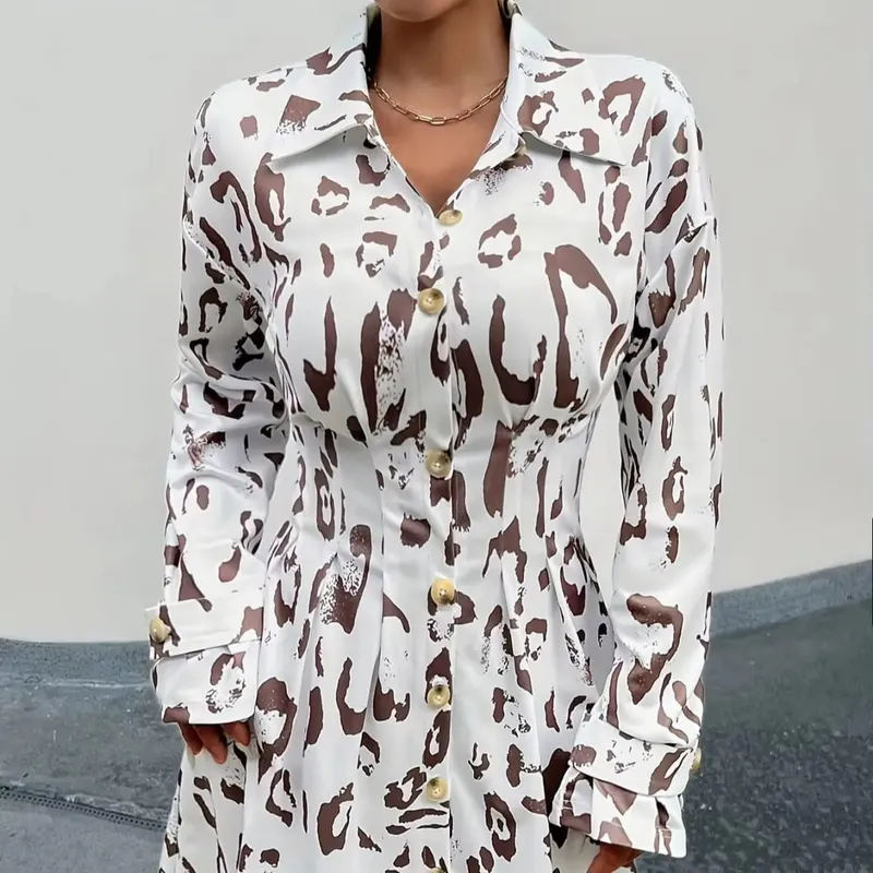 2026 New Women Leopard Print Shirt Dress Long Sleeve Turn-Down Collar Button Up Waist Mini Dress Casual Office Elegant Dresses