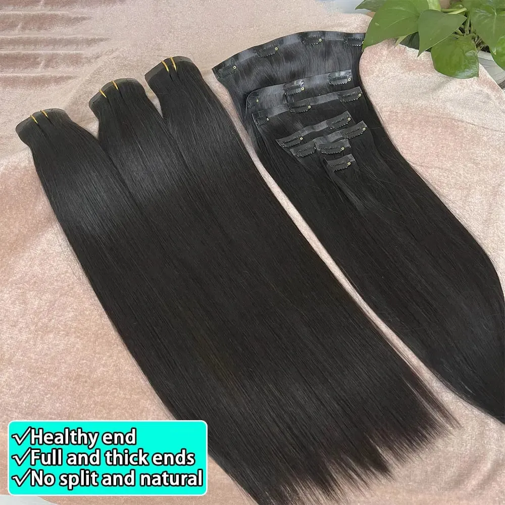 Raw Virgin Clip In Hair Extension 100% Human Hair Natural Black 100 Grams 7 Pieces Clip-On Hair Piece Full Head 16-30 Inch