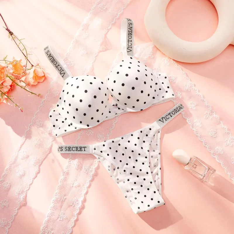 VS Bra And Panty Set Sexy Lingerie Sleepwear Pajamas Plus Size Soft Comfortable Luxury New Arrival Women Polka Dot Lace Push Up