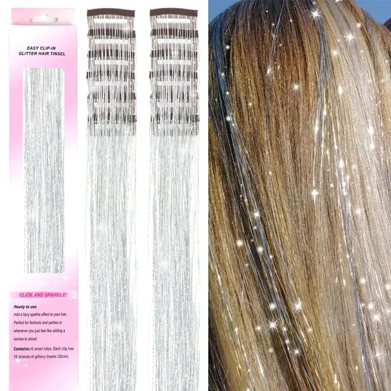 12pcs 20inch Tinsel Hair Extensions Wigs Colorful Shiny Artificial hair extensions Clip in Women Hairpieces for Daily Party Wear