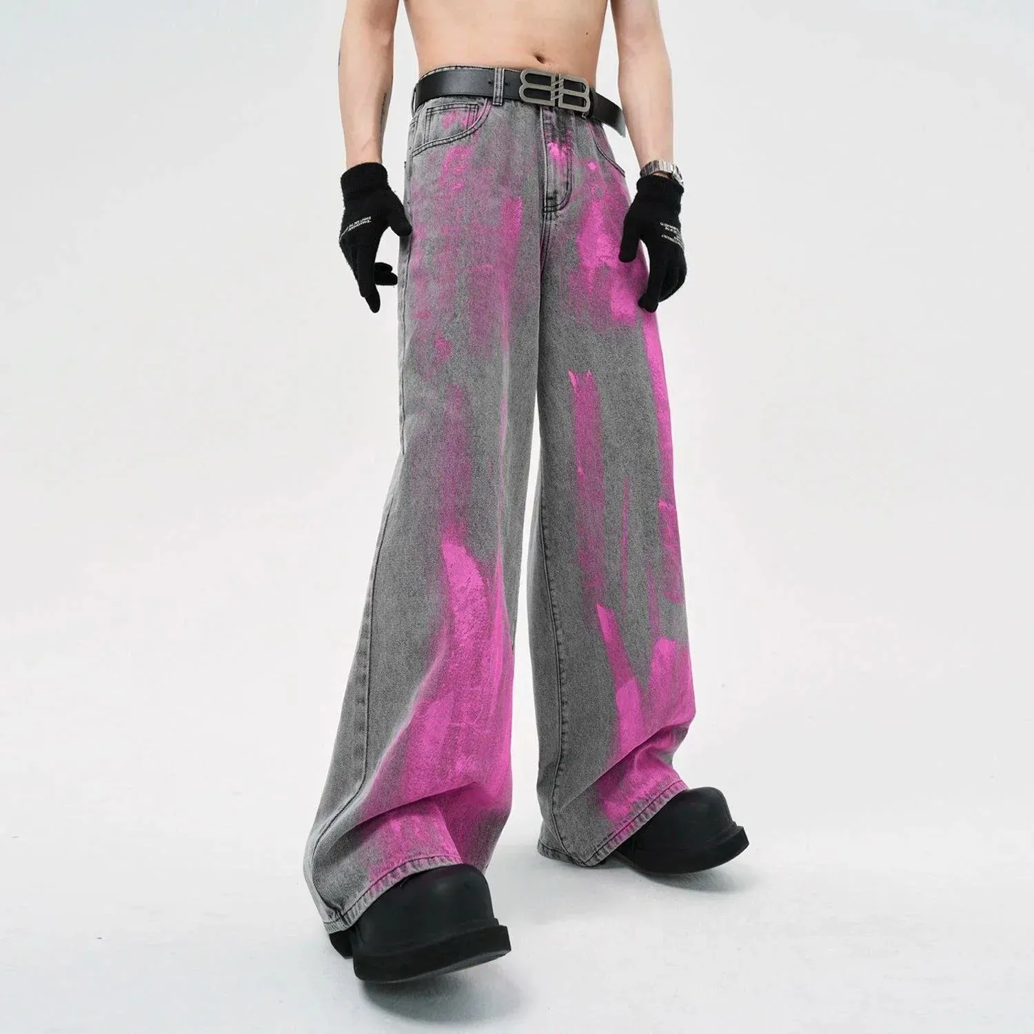 Casual Streetwear Men's Jeans Loose Straight Leg Trousers Pink Gradient Effect Grey Loose Fit Hip Hop Style Four Seasons Pants — image 1
