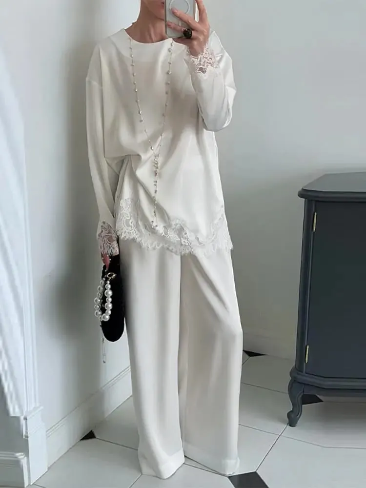 Elegant Women's Dress O-neck Full Sleeve Loose Solid Lace Hem Female Short Dresses 2026 Spring Summer New Sexy Fashion Lady Robe