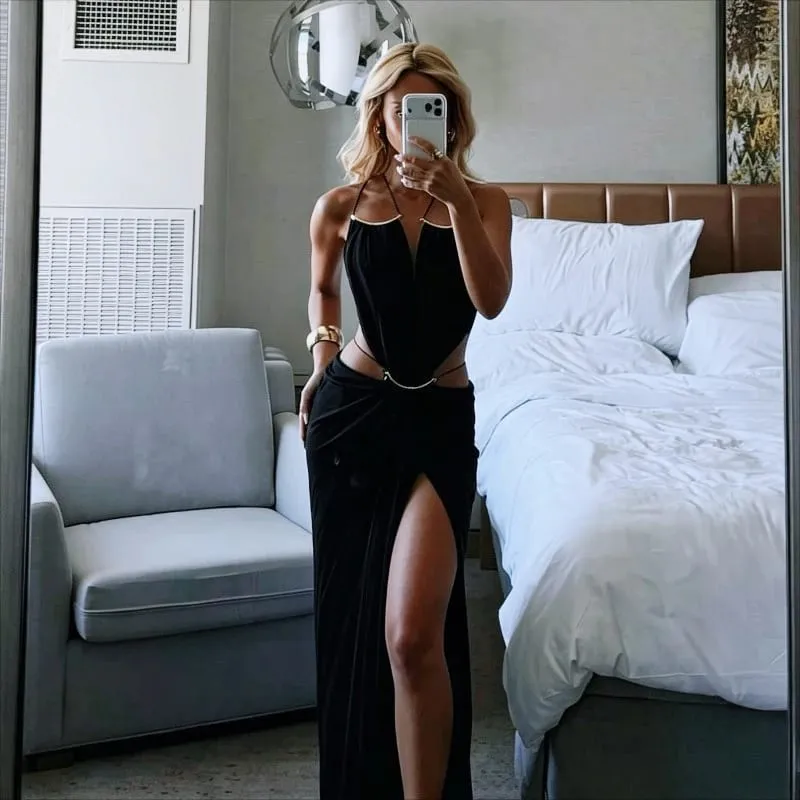 Sexy Deep V Metal Trim Spaghetti Strap Ruched Maxi Dress Cutout Crisscross Backless Slim Luxury Dresses Beach Vacation Evening