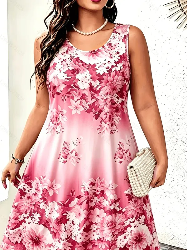 2026 Summer Women's Sleeveless Dresses Knee-Length Round-Neck Dresses Beachy Casual Dresses 3D-Printed Loose-Fitting Dresses