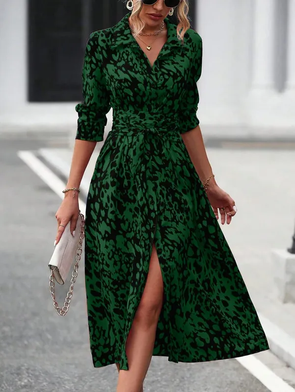 Elegant Random Print Button Down Shirt Dress Women's Long Sleeve Belted Waist Midi Dress Spring Fall Office Casual Dress