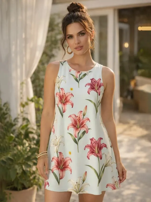 Bayan Çiçekli Kolsuz A Line Mini Elbise Yuvarlak Yaka Rahat Sundress Tatil Brunch Veranda Yürüyüşü ve Günlük Giyim Konforu için — image 12