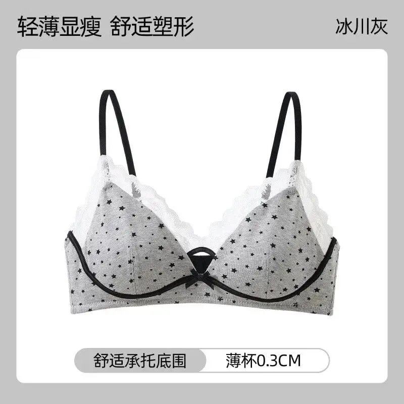 Womens Polka Dot Star Lace Wireless Bra Thin Push Up Anti Sag Bralette Small Chest Lift Teen Girls Casual Everyday Brassiere Hot