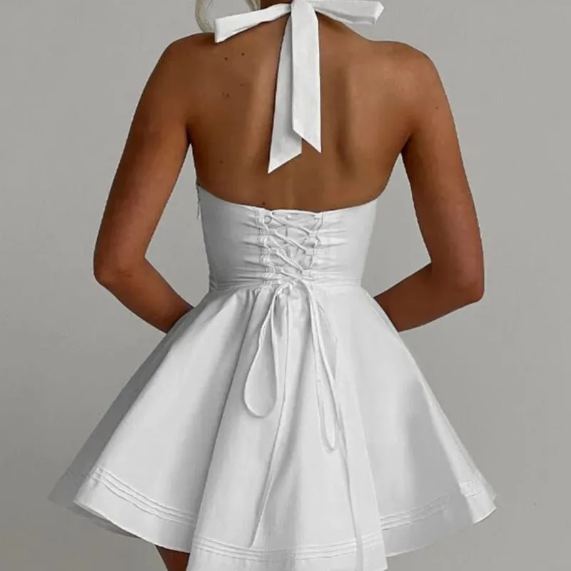 Mini Robe blanche à col licou, Sexy, décolleté en V profond, mode femme, dos nu, ligne a, robes de soirée élégantes, Robe d'été à lacets