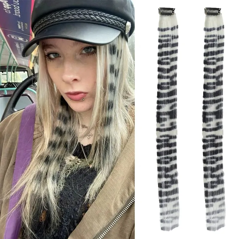 2PCS 18inch Hair Extensions Wig Hairpiece Colorful Leopard Print Hair Extensions Clip in for Women Halloween Party Daily Wear