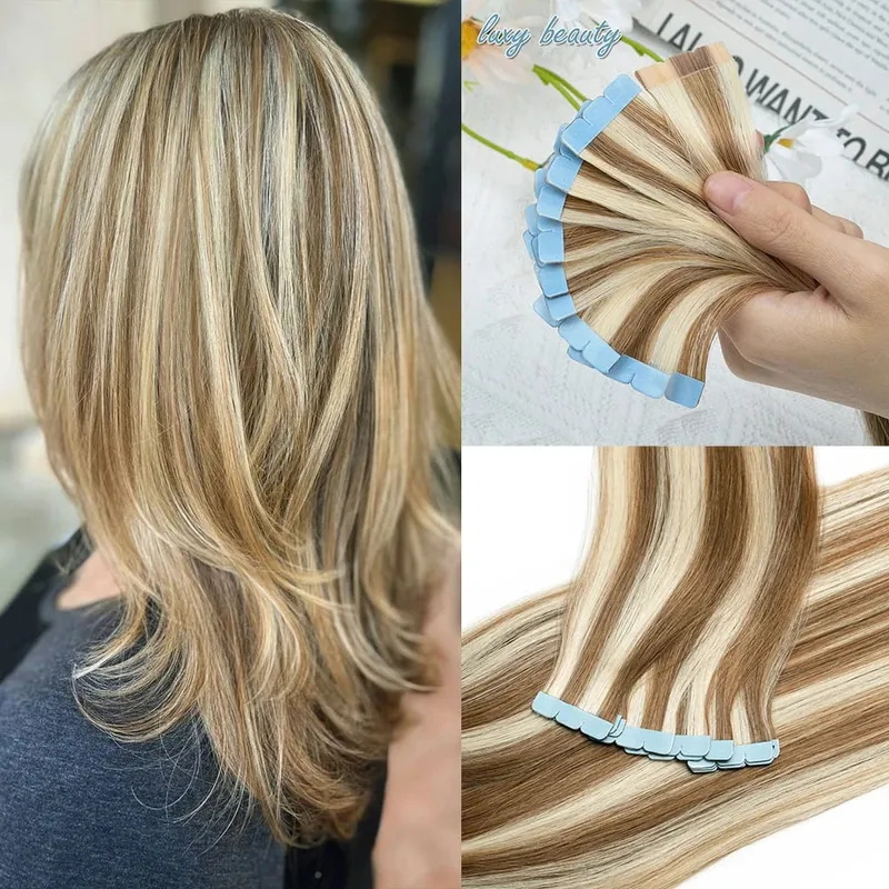 Blonde Mini-Tape-in-Haarverlängerungen, Echthaar, natürlich, glatt, schwarz, braun, doppelseitig, nahtlos, PU-Hautschuss-Tape-Ins, 10 Stück — image 14
