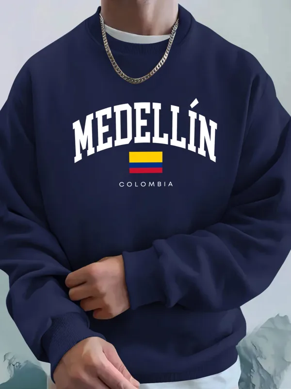 Medellin Colombia Letter And Flag Printed Men'S Hoodies Comfortable Fleece Sweatshirts Soft Fashion Tops Street Warm Clothes