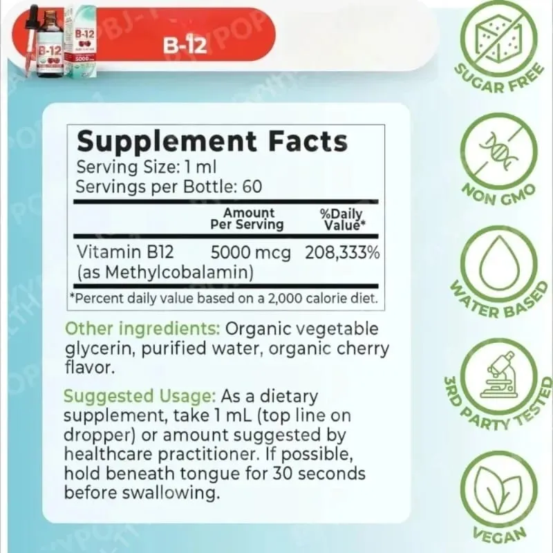 Vitamin B12 Drops 5000mcg Methylcobalamin B12 Liquid Sublingual Supplement Vegan Sugar Free Daily Daily Nutritional Support 60ml
