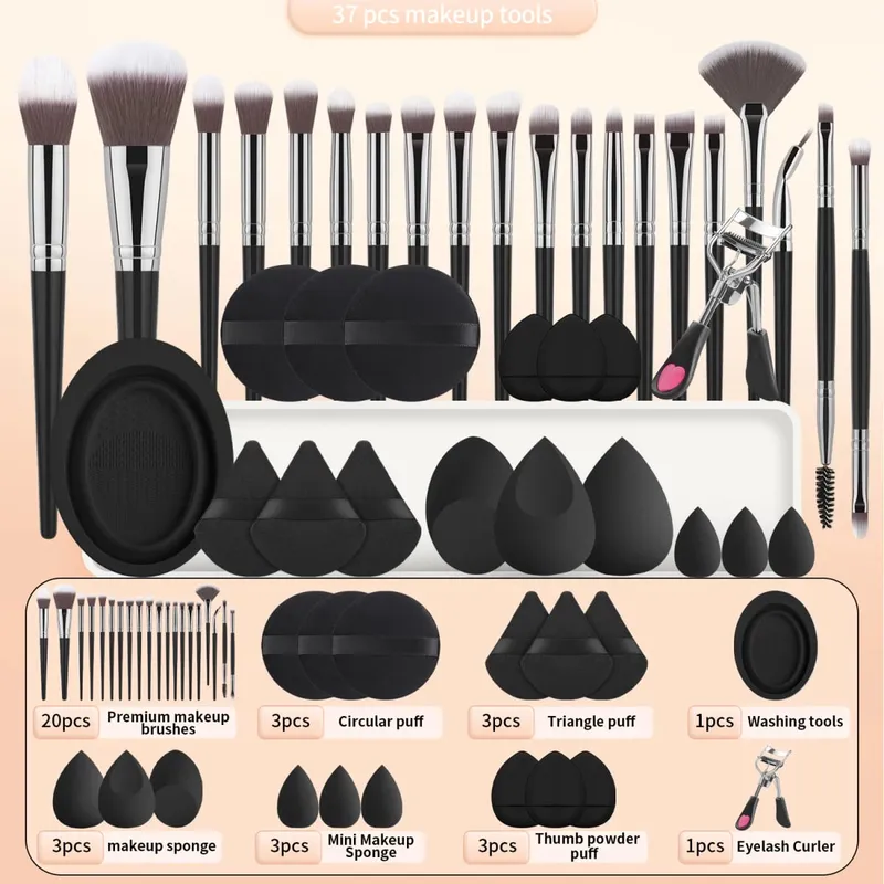 37PCS Makeup Tools Set 20 Brushes + Sponges Puffs Eyelash Curler Cleaning Tool for Full Face