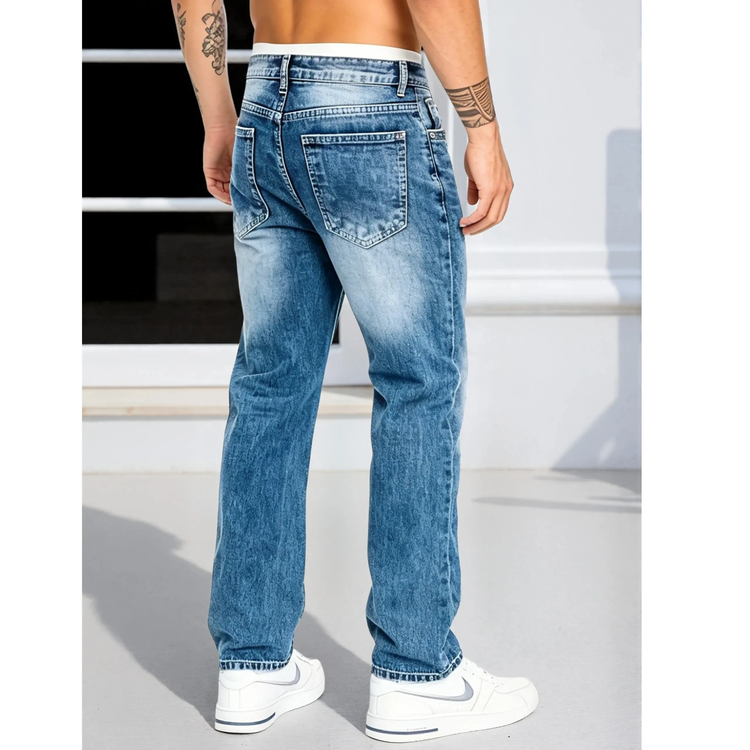 Men's Jeans Man Pants Classic Straight Cut Stretchl Denim Trousers Vintage Washed Solid Color for Street Style