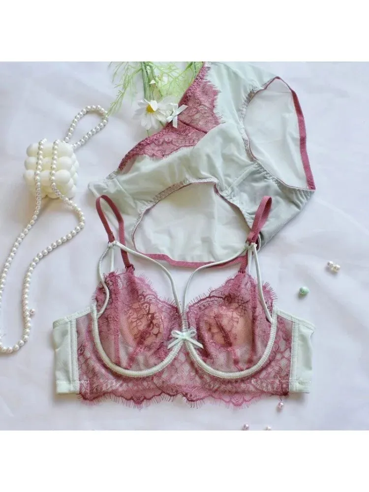 Korean Hot Trend Pure Desire Lace Bra Set Underwire Thin Cup Push Up Large Bust Visually Small Anti Droop Lingerie 32-38 Hot