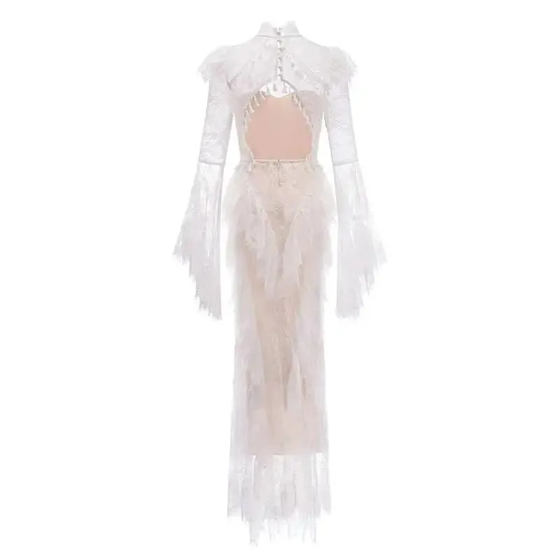 Summer Stand Collar Lace Tassel Hollow Out Flare Sleeve Dress Women Boned Waist Tiered Mermaid Dresses New 3A2709