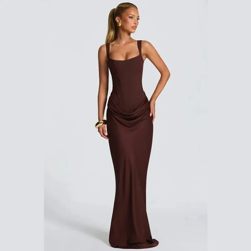 Butter Yellow Women Satin Slip Maxi Dress Elegant Spaghetti Strap A-line V Neck Waist-cinching Summer Lady Formal Evening Gown — image 15