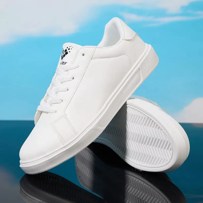 Men's White/Black Casual Leather Sneakers Low Top Lace-Up Skate Shoes Comfortable Walking Footwear