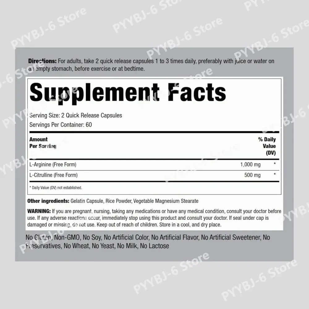 L-Arginine L-Citrulline Capsules 1000mg/500mg Free Form Amino Acid Supplement for Fitness Support & Active Lifestyle 120 Ct