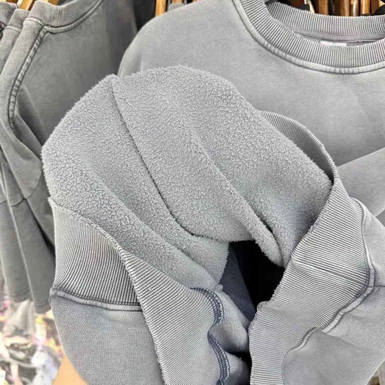 Nice Washed Embroidery Solid Crewneck Men Women Oversized Heavy Fabric Unisex Sweatshirts