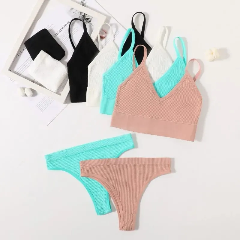 Women Seamless Bra And Panties Set Low Waist High Leg Cut Thongs Non-Wire Bra Top Sexy Lingerie Ladies U-Back Underwear Set