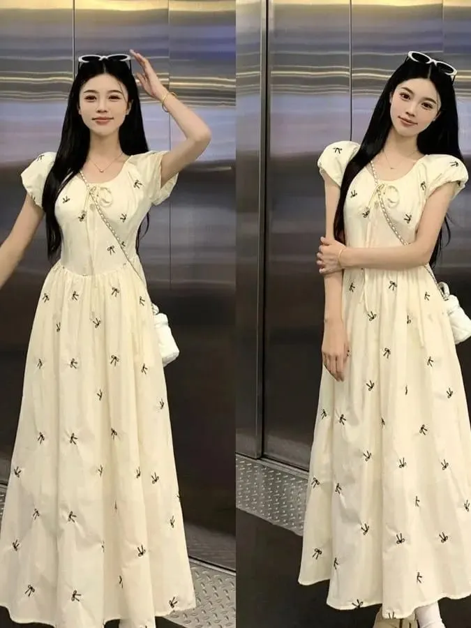 Summer New Floral Print Dress Bubble Sleeve Drawstring Waist Gown Women's Soft Style French Country Knot Dresses