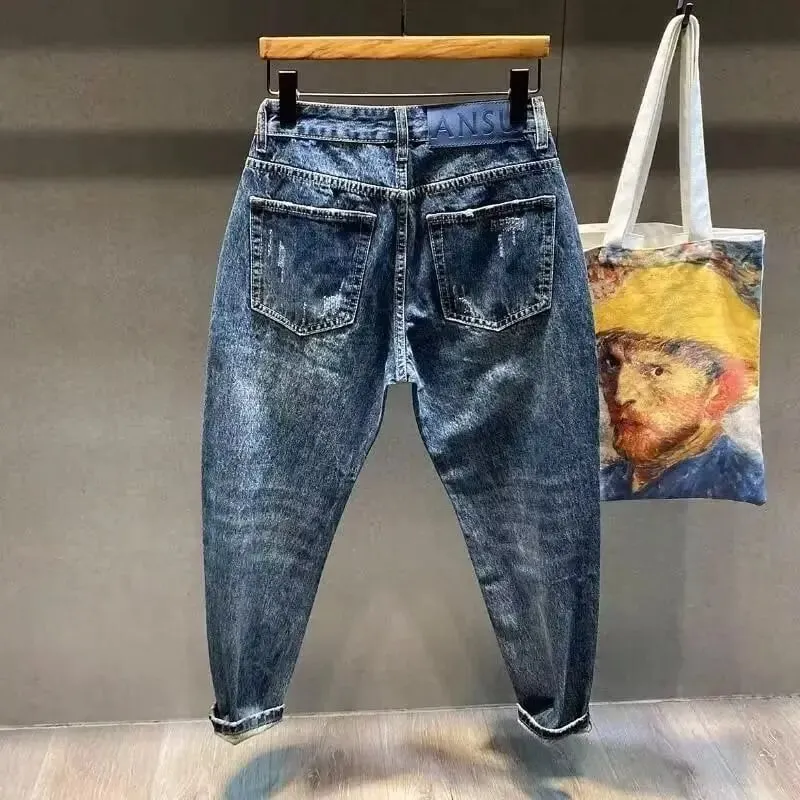 Koreansk luksustøj vasket Vintage Ripped Dad Jeans til mænd Løse lige ben Casual Streetwear Forår Efterår Cargo Bukser