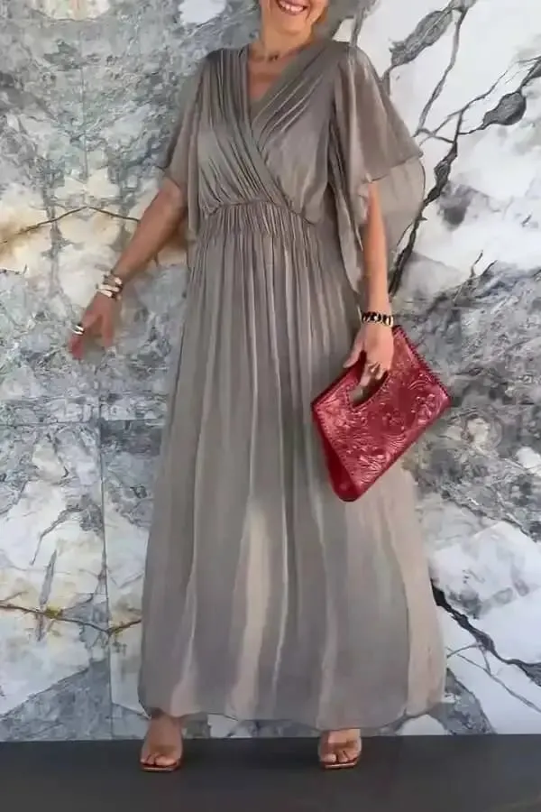 Stylish Elegant Chiffon Casual Solid Lace Up Dress Women V-Neck Bat Sleeves Irregulares Midi Dresses Summer Resort Wear