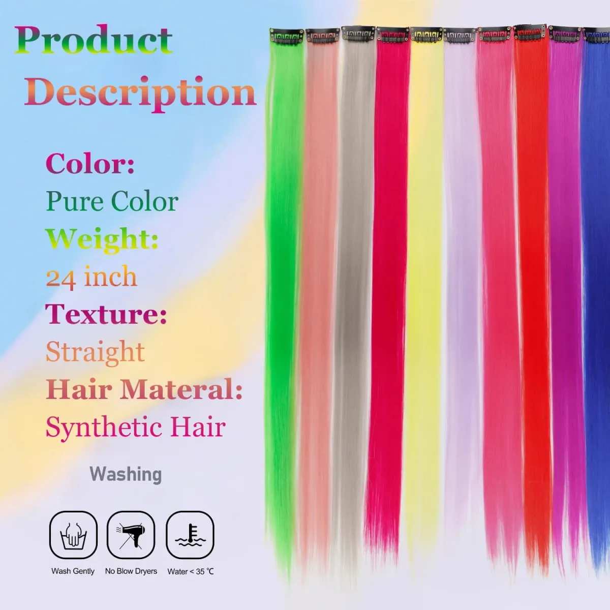 Colorful Clip in Synthetic Hair Extensions Party Highlights Rainbow Long Straight Hairpieces Colored Hair Extensions for Cosplay