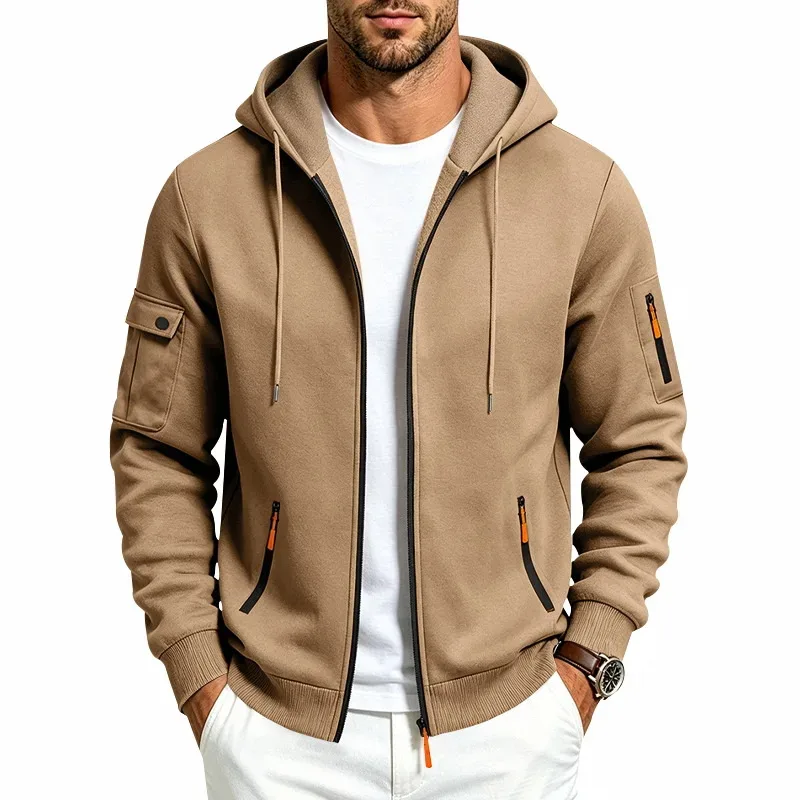 Men's Heavyweight Full Zip Hoodie Autumn Winter Casual Outdoor Hooded Sweatshirt Multi‑Pocket Drawstring Loose Fit Sports Jacket