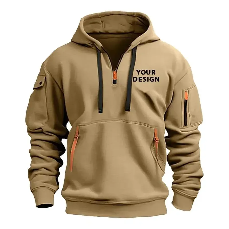 Sudadera informal holgada con bolsillo en el brazo y cremallera deportiva para hombre, nuevo europeo, personaliza tu logotipo, chaqueta con capucha y hombros caídos — image 3